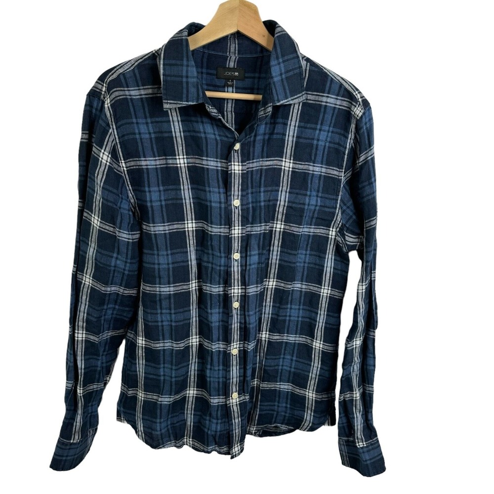 Joe's Shirt Men's Sz Small Button Down Long Sleeve Blue Plaid Check 100%‎ Linen